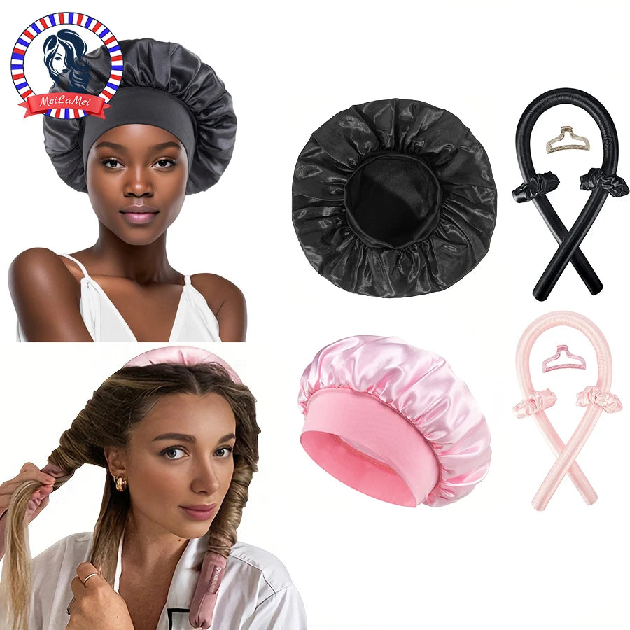 No-Heat Hair Curler & Satin Sleep Cap Set
